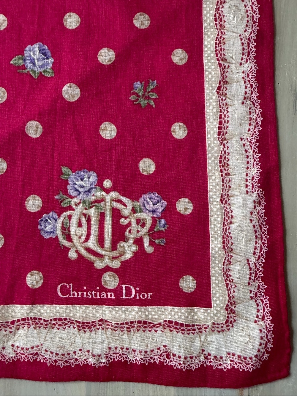Christian Dior Scarf Magenta White Lace Embroidery Print Hair & Bag Accessories